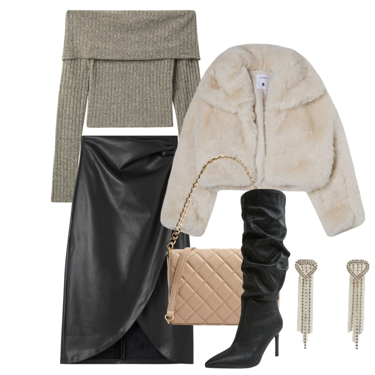 Outfit donna - Terranova - Xmas Edition 2024. Stile Chic per Serata fuori. Abbinamento con blazer, maglieria, gonne, stivali, orecchini, borse a tracolla.