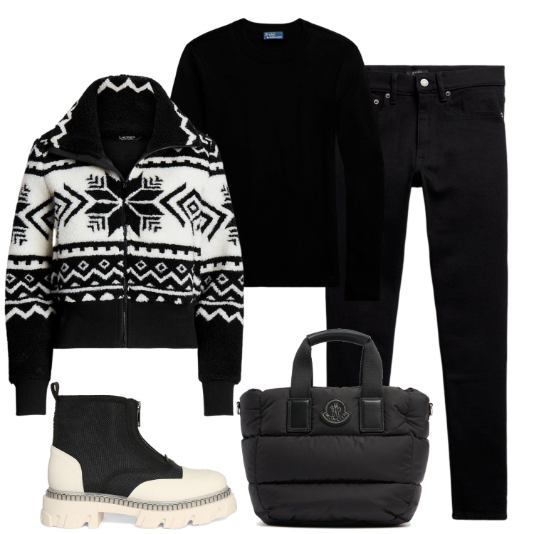 Outfit donna - Vacanze di natale. Stile Casual per Tutti i giorni. Abbinamento con t-shirt, blazer, jeans slim fit, stivaletti, shopping bag.