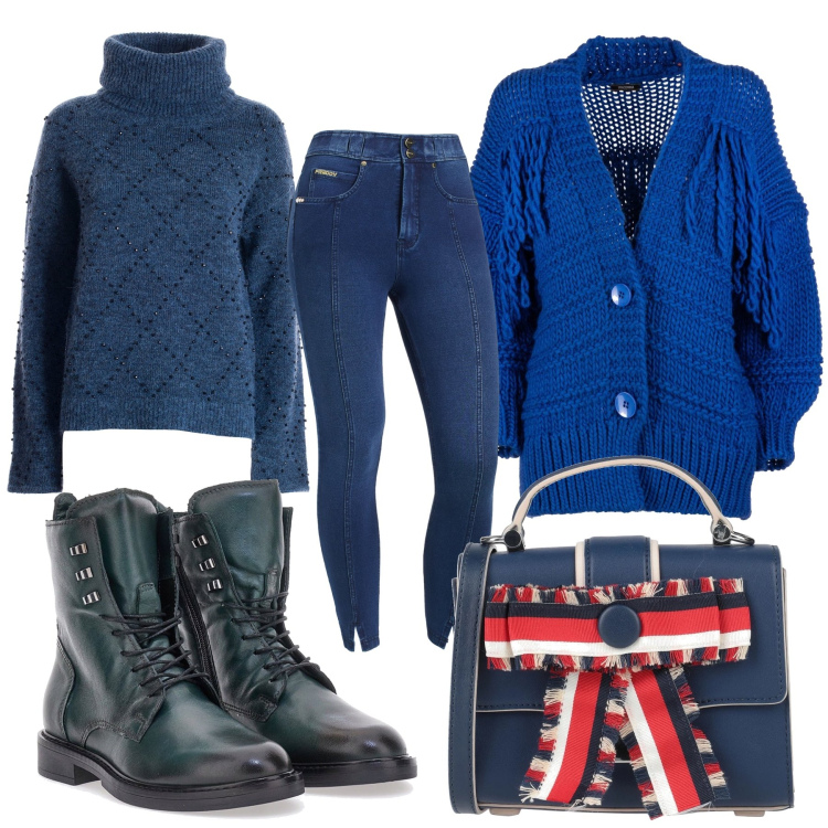 Outfit donna - Total look #2013013. Stile Casual per Scuola/Università. Abbinamento con borse a mano, maglieria, cardigans, jeans skinny, anfibi.