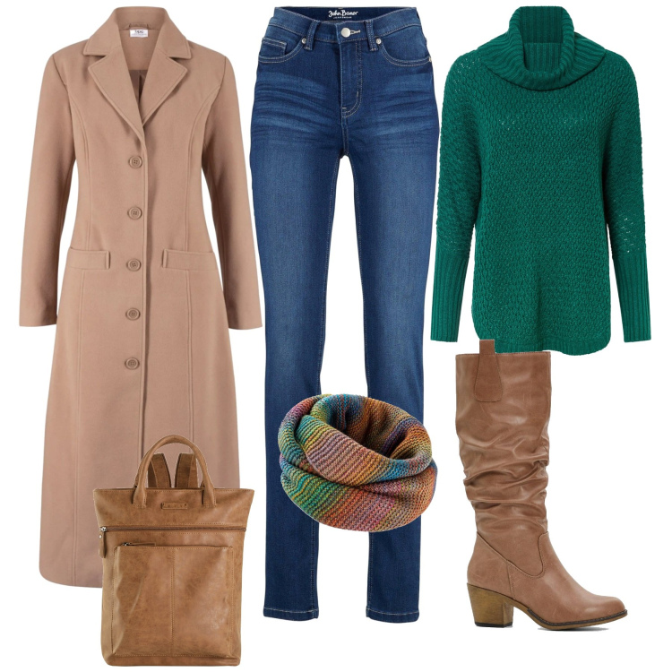 Outfit donna - Party glam Bonprix. Stile Casual chic per Serata fuori. Abbinamento con maglieria, stivali, jeans, zaini, foulard, cappotti.