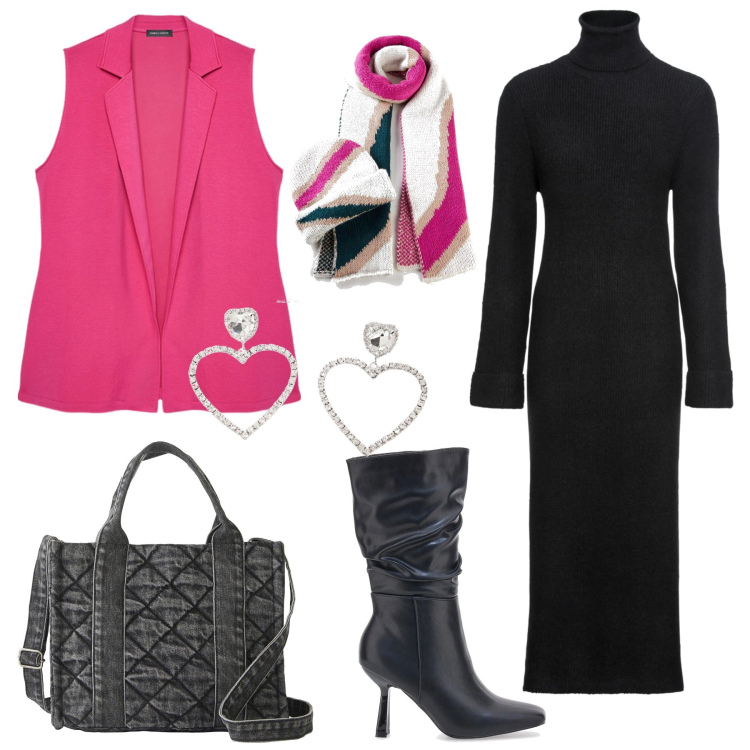 Outfit donna - Fucsia with hearts. Stile Sexy per Serata fuori. Abbinamento con borse a mano, vestiti, sciarpe, orecchini, stivali, gilet.