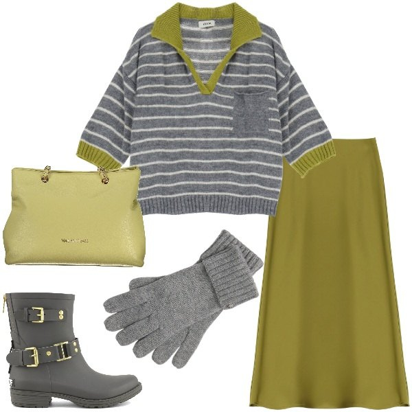 Outfit donna - Idee regalo. Stile Basic per Tutti i giorni. Abbinamento con gonne longuette, maglieria, guanti, stivali, borse a spalla.