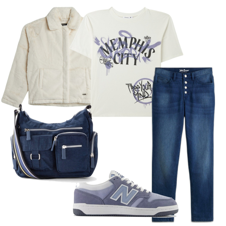Outfit donna - Walking in Memphis. Stile Casual per Tutti i giorni. Abbinamento con borse a tracolla, jeans boyfriend, t-shirt, sneakers, blazer.