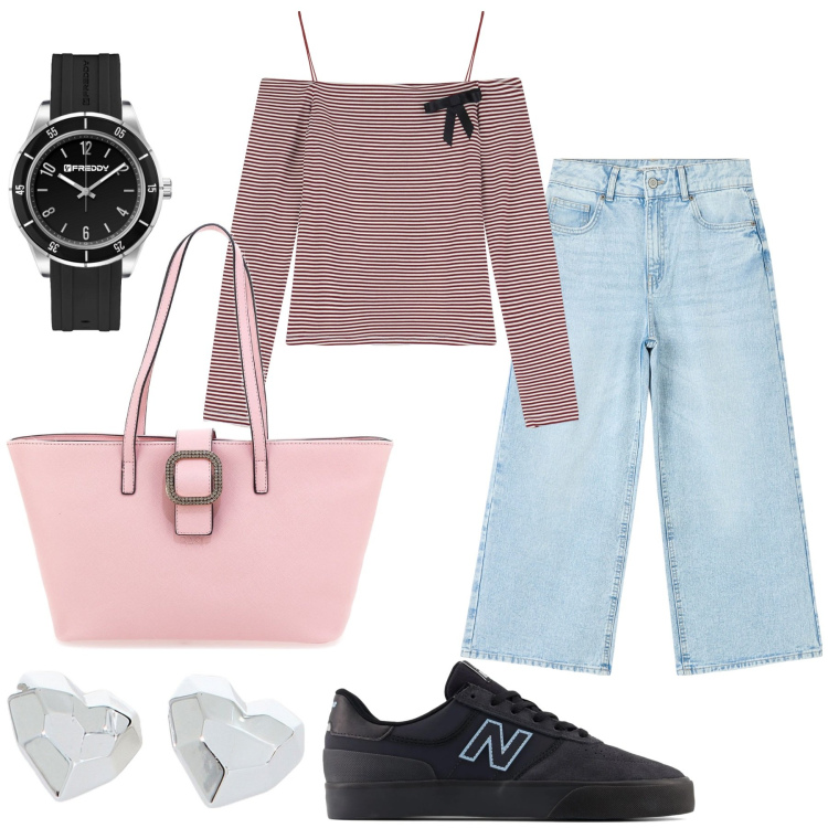 Outfit donna - Romantica in città. Stile Urban per Tutti i giorni. Abbinamento con jeans, sneakers, orologi, orecchini, maglieria, borse a spalla.