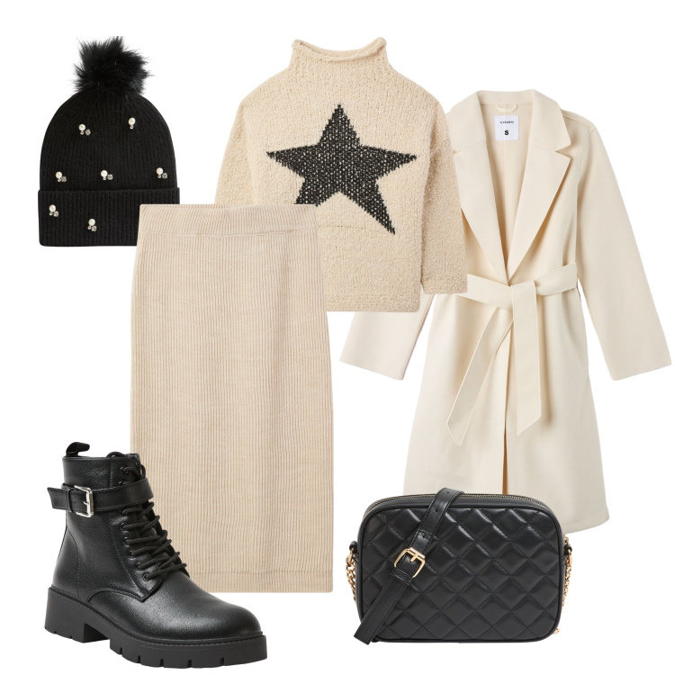 Outfit donna - Auguri in ufficio con la stella !. Stile Trendy per Ufficio. Abbinamento con borse a tracolla, berretti, maglieria, gonne lunghe, cappotti, anfibi.
