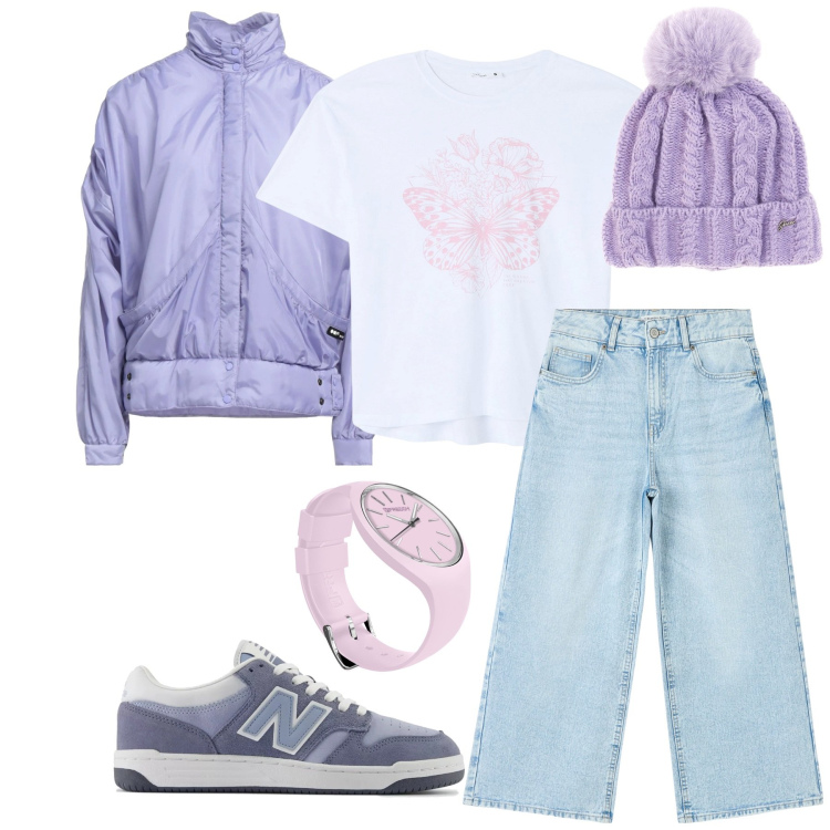 Outfit donna - Lilla. Stile Urban per Tutti i giorni. Abbinamento con blazer, t-shirt, jeans, sneakers, orologi, berretti.