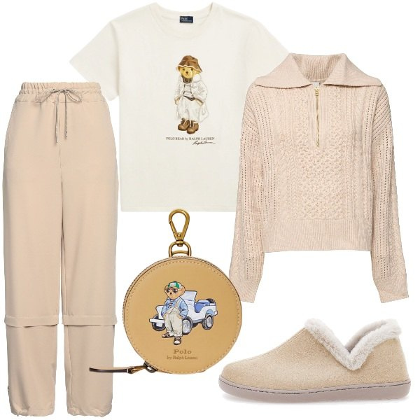 Outfit donna - Per le feste resto a casa. Stile Casual per Tutti i giorni. Abbinamento con pantaloni, portamonete, t-shirt, pantofole, maglieria.