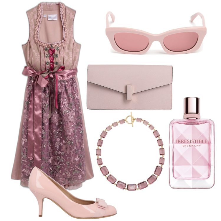 Outfit donna - D\'altri tempi. Stile Boho per Cerimonia. Abbinamento con vestiti, borse a mano, décolleté, profumi, collane, occhiali da sole.