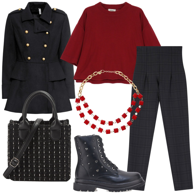 Outfit donna - Cozy Christmas. Stile Bon Ton per Tutti i giorni. Abbinamento con cappotti, shopping bag, pantaloni, maglieria, collane, anfibi.