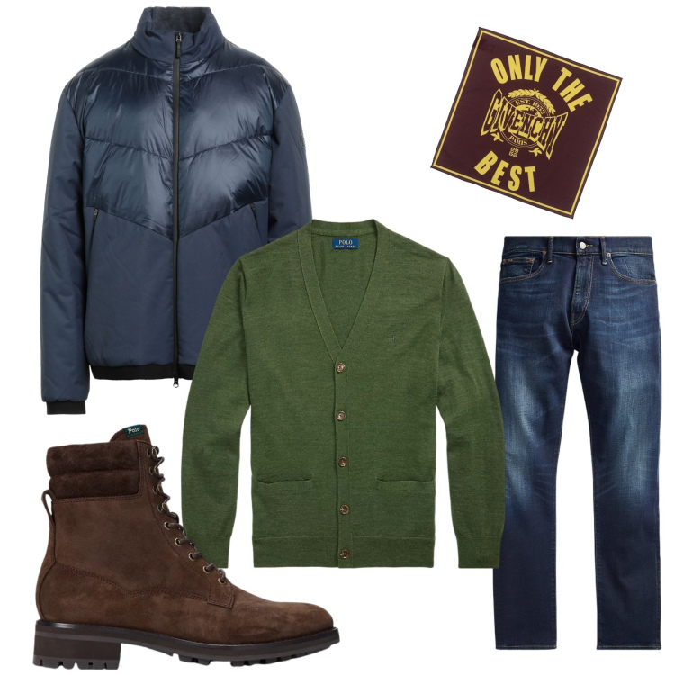 Outfit uomo - Only the best. Stile Urban per Tutti i giorni. Abbinamento con piumini, sciarpe, jeans, stivali, cardigans.