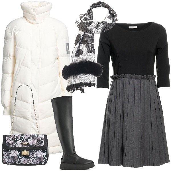 Outfit donna - Giornata freddina. Stile Urban per Tutti i giorni. Abbinamento con piumini, borse a spalla, vestiti midi/longuette, sciarpe, stivali sopra il ginocchio.
