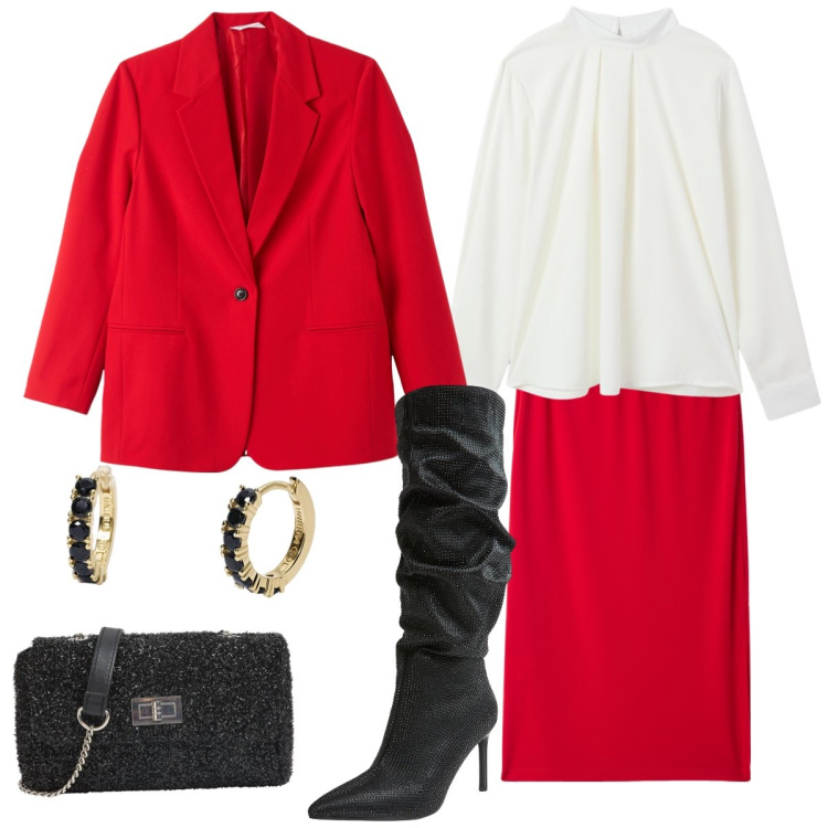 Outfit donna - Total look #2013073. Stile Chic per Serata fuori. Abbinamento con orecchini, gonne longuette, borse a tracolla, blazer, stivali, bluse.