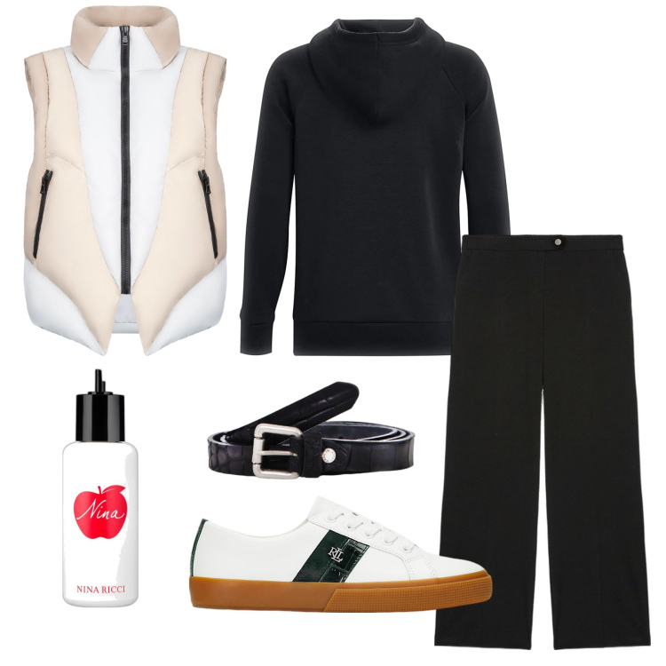 Outfit donna - Minimal. Stile Minimal per Sport. Abbinamento con profumi, cinture, sneakers, piumini, felpe con cappuccio, pantaloni a palazzo.