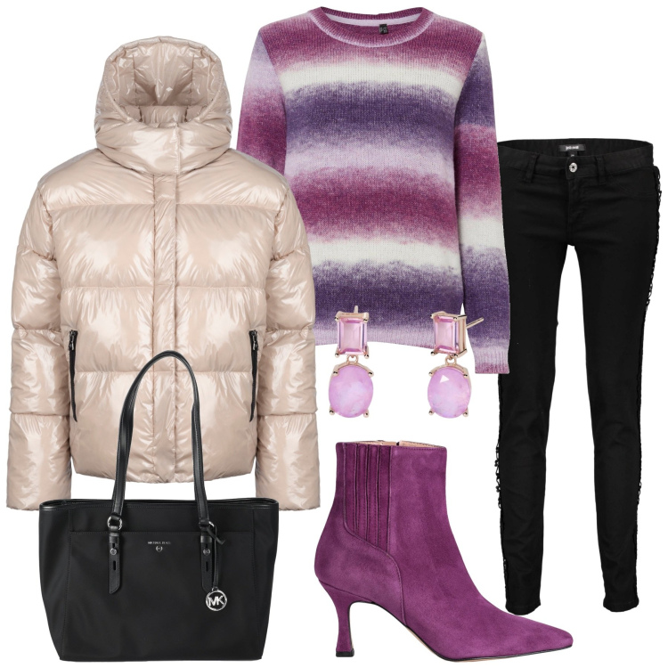 Outfit donna - Un po\' di colore. Stile Casual chic per Tutti i giorni. Abbinamento con maglieria, stivaletti, borse a spalla, orecchini, blazer, pantaloni.