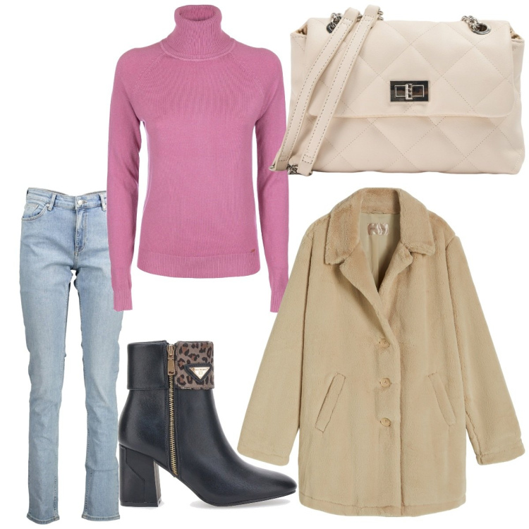 Outfit donna - Tempo di shopping. Stile Casual chic per Tutti i giorni. Abbinamento con borse a spalla, maglieria, cappotti, stivaletti, jeans.