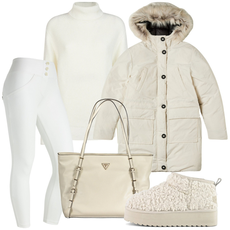 Outfit donna - Bianco burro. Stile Casual per Tutti i giorni. Abbinamento con parka, pantaloni skinny, stivaletti, maglieria, borse a spalla.
