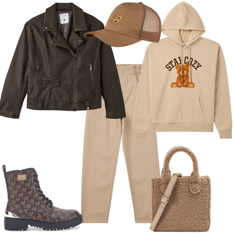 Outfit donna - Total look #2013100. Stile Urban per Tutti i giorni. Abbinamento con pantaloni, felpe con cappuccio, shopping bag, giacche, cappelli con visiera, anfibi.