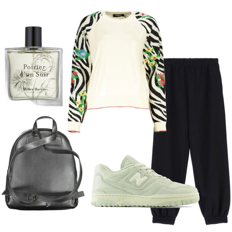Outfit donna - Jungle. Stile Etnico per Sport. Abbinamento con profumi, sneakers, pantaloni, maglieria, zaini.