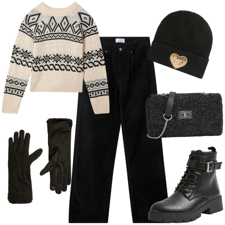 Outfit donna - Terranova Xmas Edition 2024. Stile Casual chic per Tutti i giorni. Abbinamento con berretti, pantaloni, maglieria, anfibi, borse a tracolla, guanti.