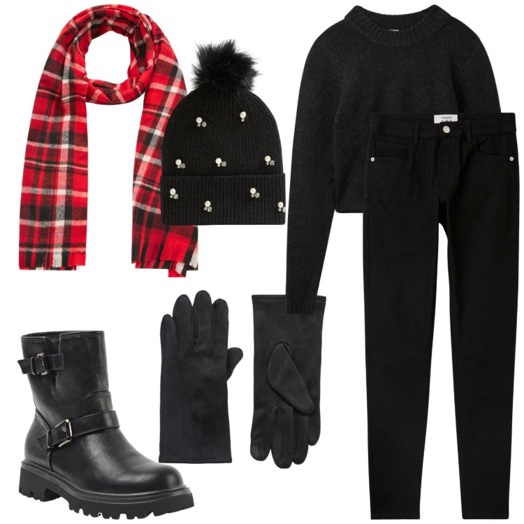 Outfit donna - Terranova Xmas 2024. Stile Basic per Tutti i giorni. Abbinamento con berretti, guanti, stivaletti, pantaloni skinny, sciarpe, maglieria.