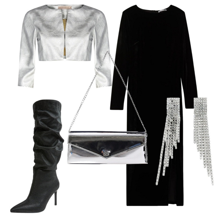Outfit donna - Dicembre d\'argento. Stile Chic per Serata fuori. Abbinamento con stivali, vestiti lunghi, bolero, pochette, orecchini.