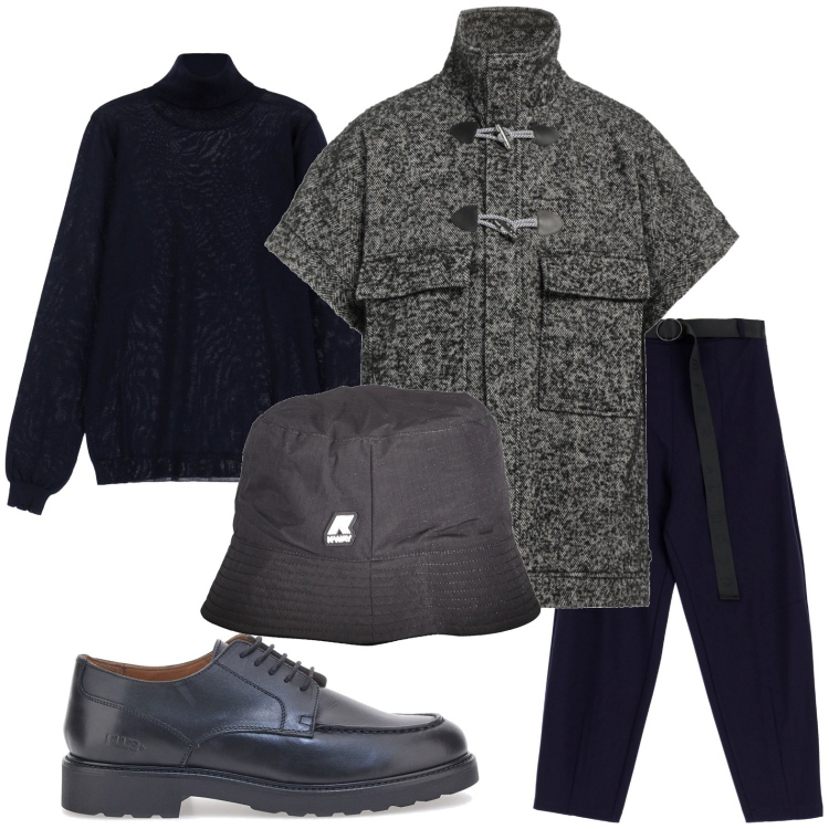 Outfit uomo - Strati e texture invernali. Stile Casual per Ufficio. Abbinamento con montgomery, pantaloni, maglieria, scarpe stringate, cappelli.