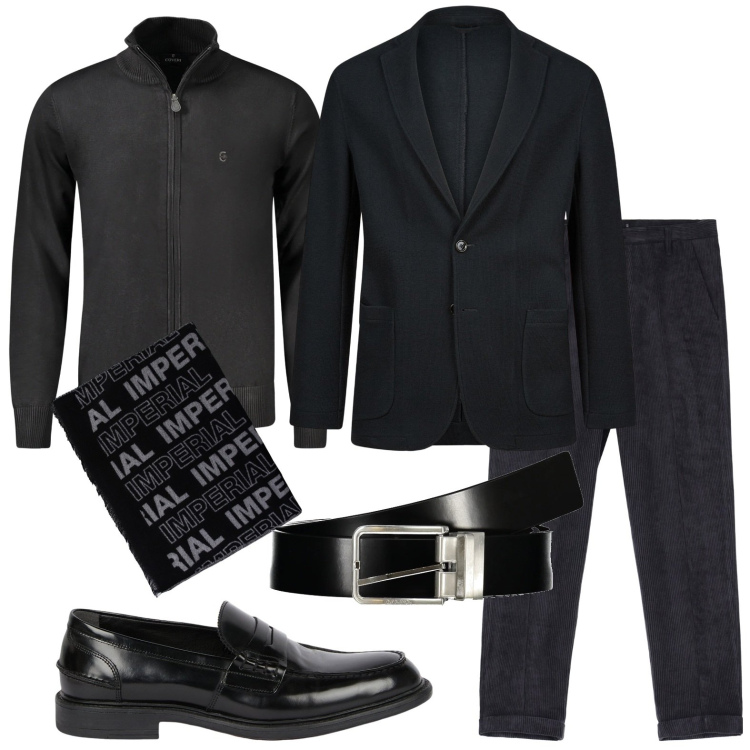 Outfit uomo - L\'eleganza del nero. Stile Trendy per Serata speciale. Abbinamento con pantaloni, sciarpe, giacche, cardigans, scarpe stringate, cinture.