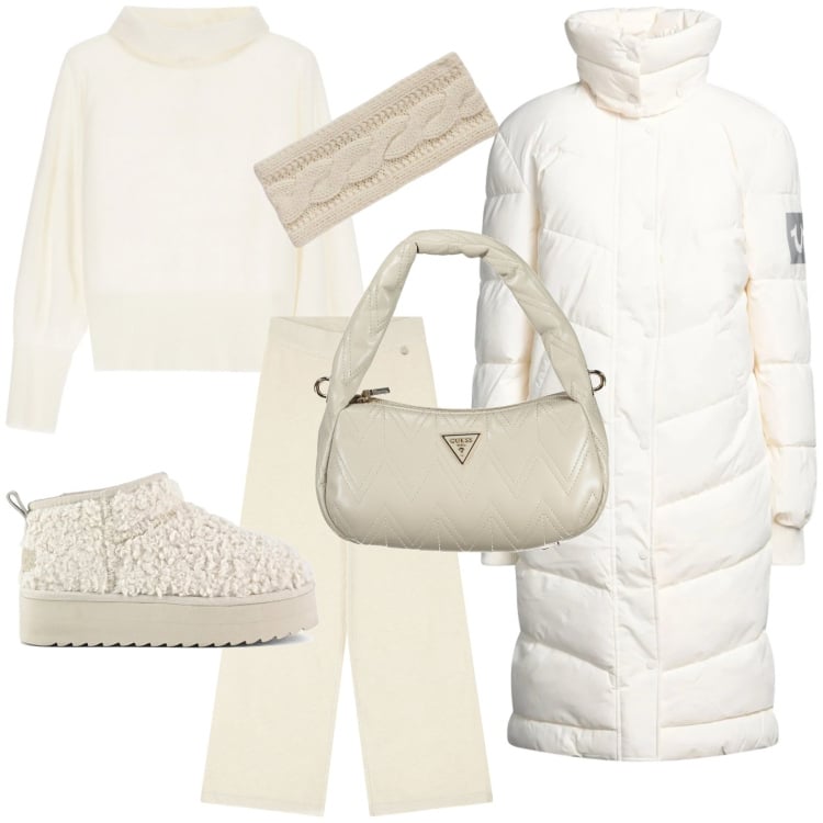 Outfit donna - Bianco invernale a dicembre. Stile Chic per Serata fuori. Abbinamento con piumini, pantaloni a palazzo, maglieria, cappelli, stivaletti, borse a spalla.