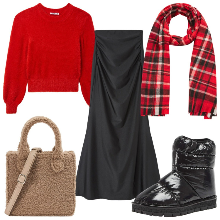 Outfit donna - Terranova Xmas Edition 2024- in rosso. Stile Trendy per Tutti i giorni. Abbinamento con gonne lunghe, stivali da neve, shopping bag, maglieria, sciarpe.