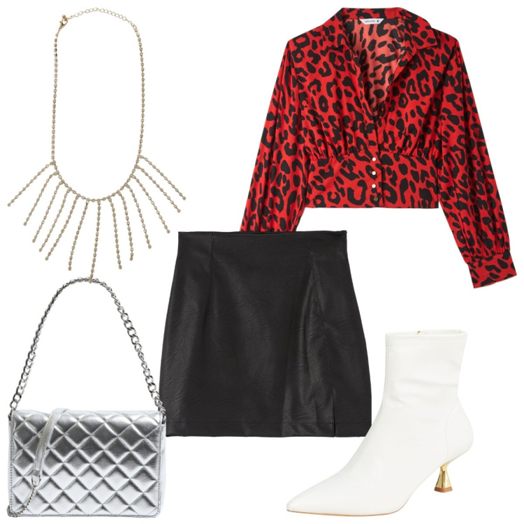 Outfit donna - Terranova Xmas edition 2024- animalier. Stile Trendy per Serata fuori. Abbinamento con collane, bluse, minigonne, stivaletti, borse a tracolla.