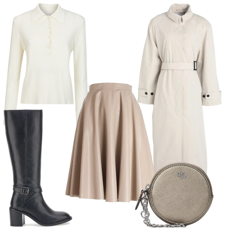 Outfit donna - Bianco invernale a dicembre: minimal. Stile Minimal per Tutti i giorni. Abbinamento con trench, gonne longuette, pochette, stivali, polo.