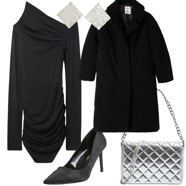 Outfit donna - Let s party. Stile Glamour per Serata fuori. Abbinamento con décolleté, orecchini, vestiti asimmetrici, cappotti, borse a tracolla.