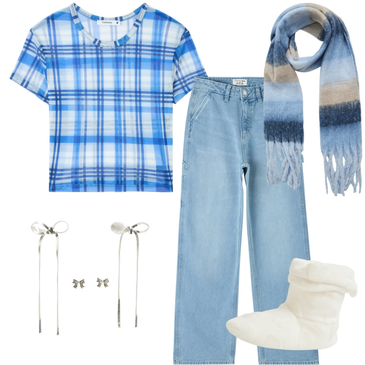 Outfit donna - Christmas at home. Stile Basic per Tutti i giorni. Abbinamento con jeans, sciarpe, pantofole, orecchini, t-shirt.