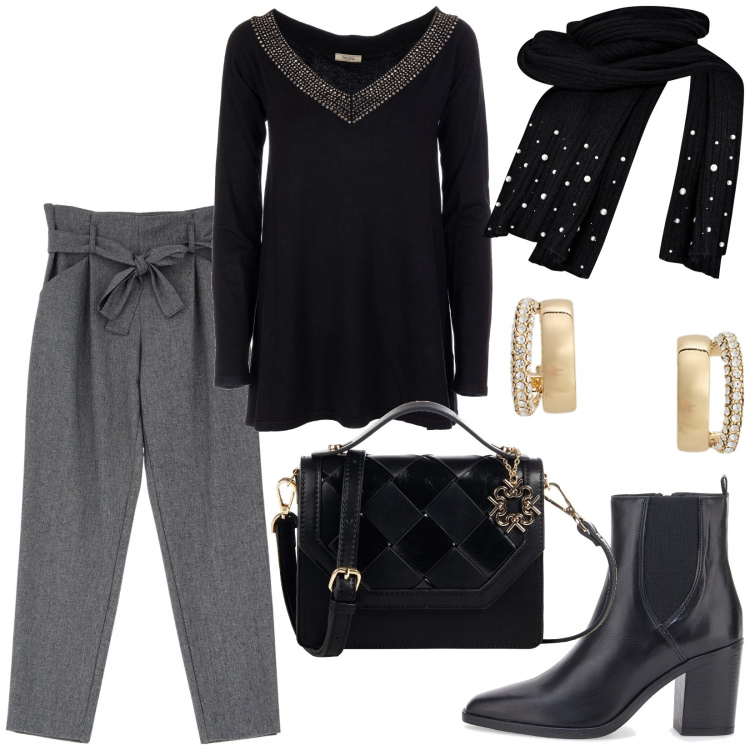 Outfit donna - Cena tra parenti. Stile Casual chic per Serata fuori. Abbinamento con pantaloni, borse a tracolla, sciarpe, maglieria, orecchini, stivaletti.