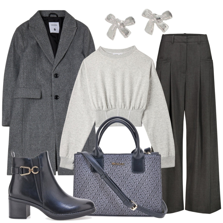 Outfit donna - Grigio a dicembre. Stile Chic per Tutti i giorni. Abbinamento con felpe, cappotti, orecchini, borse a tracolla, stivaletti, pantaloni.