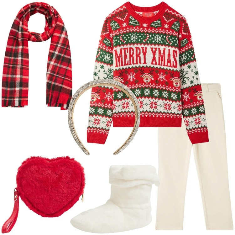 Outfit donna - Terranova - Xmas Edition 2024. Stile Basic per Tutti i giorni. Abbinamento con pantaloni chino, maglieria, pantofole, portafogli, sciarpe, cerchietti.
