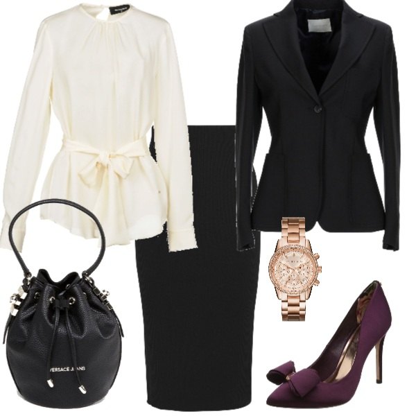 Outfit donna - Bon Ton #13797. Stile Bon Ton per Ufficio. Abbinamento con blusa senza tasche collo tondo a maniche lunghe in seta crêpe, gonna longuette a coste lavorato a maglia tinta unita, giacca collo con revers a maniche lunghe interno foderato crêpe, orologi, sandali viola, occhiali da sole secchiello con manico e borchie con coulisse e tasca interna oro.
