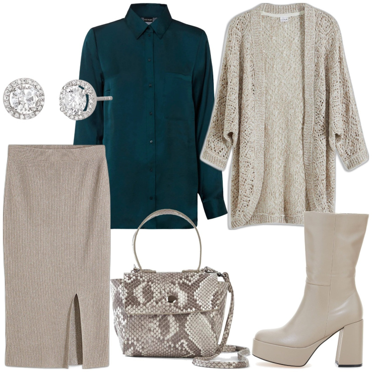 Outfit donna - Cozy Christmas. Stile Casual chic per Serata fuori. Abbinamento con gonne, cardigans, camicie, borse a tracolla, orecchini, stivali.