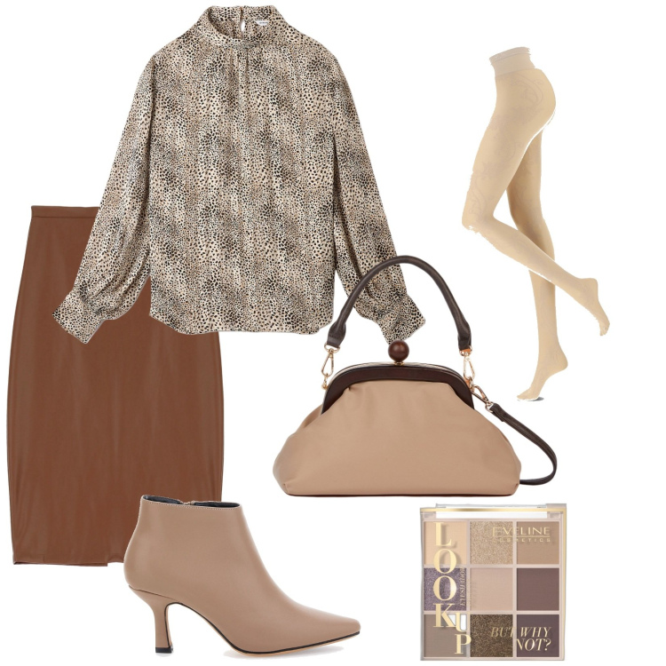 Outfit donna - Total look #2013349. Stile Chic per Ufficio. Abbinamento con ombretti, bluse, collant, gonne, clutch, stivaletti.