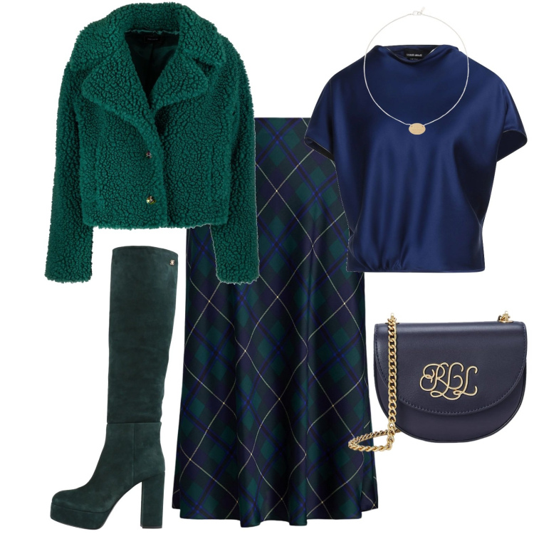 Outfit donna - Carpazi. Stile Chic per Serata fuori. Abbinamento con stivali, top, blazer, borse a tracolla, gonne, collane.