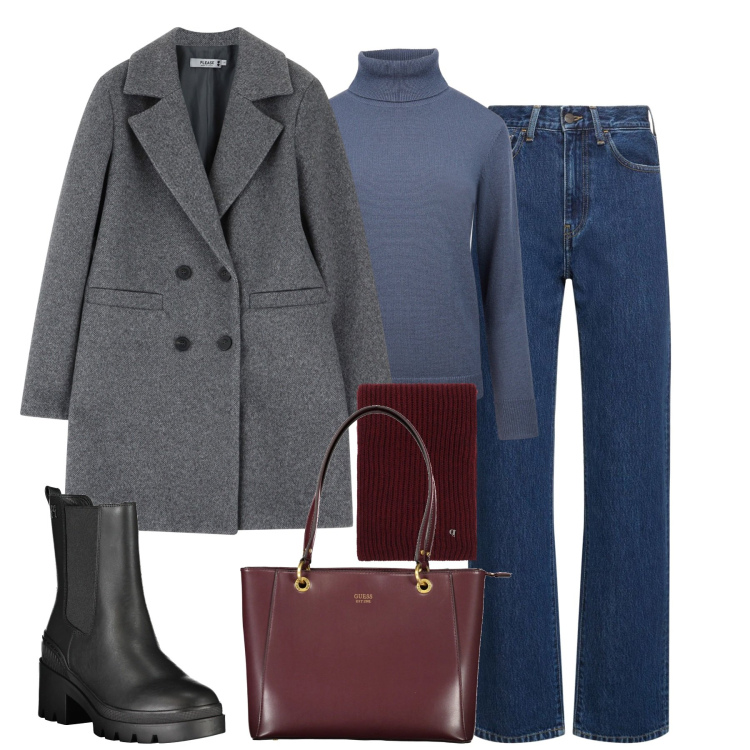 Outfit donna - Blu e grigio. Stile Urban per Tutti i giorni. Abbinamento con cappotti, sciarpe, maglieria, jeans dritti, stivali, borse a spalla.
