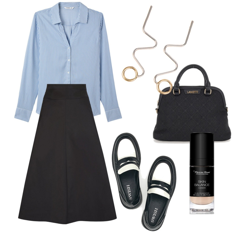 Outfit donna - Direzione ufficio. Stile Bon Ton per Ufficio. Abbinamento con fondotinta, camicie, borse a spalla, gonne, mocassini, orecchini.