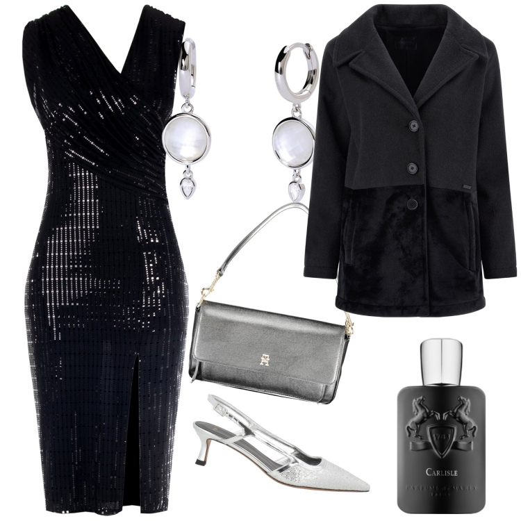 Outfit donna - Silver and black. Stile Chic per Serata fuori. Abbinamento con décolleté, profumi, orecchini, vestiti a tubino, cappotti, borse a spalla.