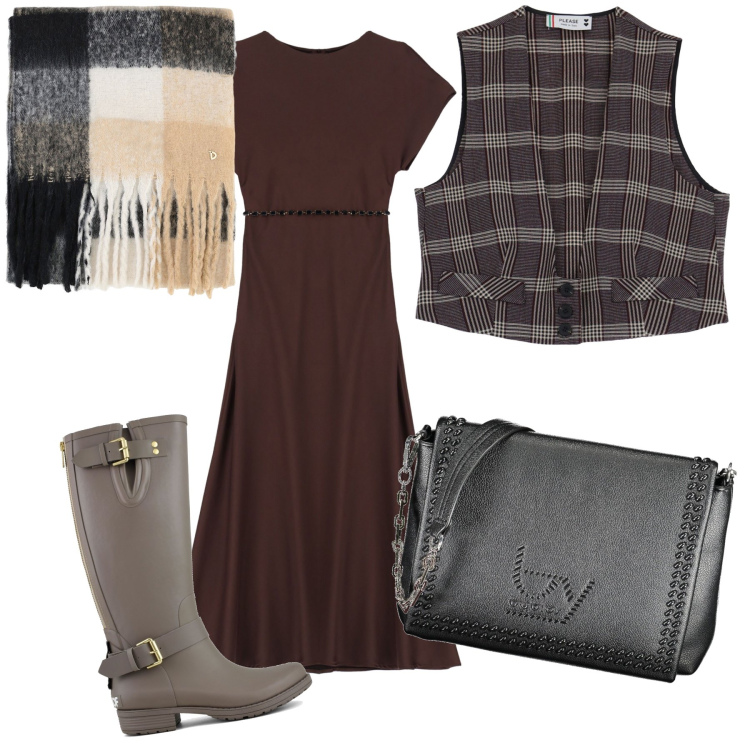 Outfit donna - Total look. Stile Urban per Ufficio. Abbinamento con gilet, vestiti, stole, stivali, borse a spalla.