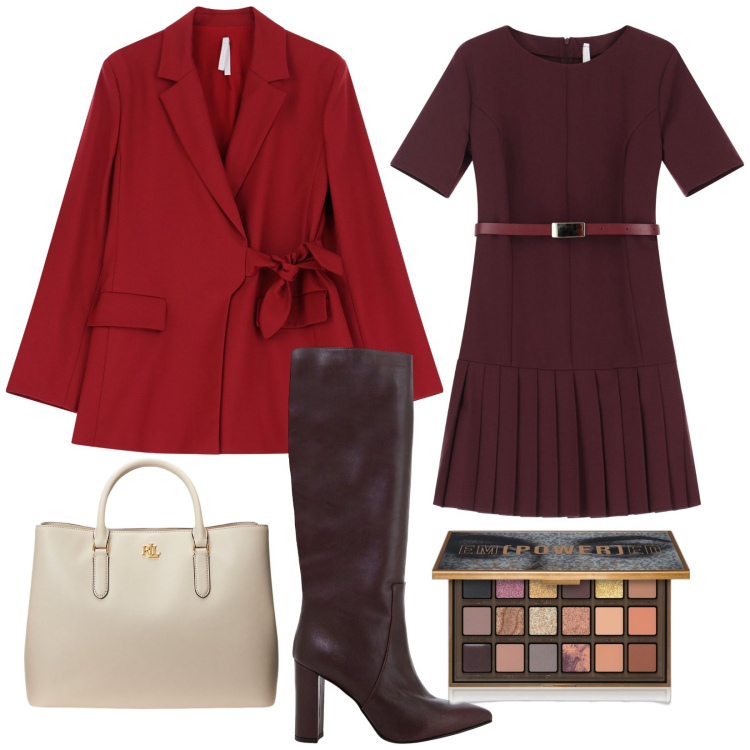Outfit donna - Christmas style in ufficio. Stile Bon Ton per Ufficio. Abbinamento con ombretti, blazer, vestiti corti, stivali, borse a mano.