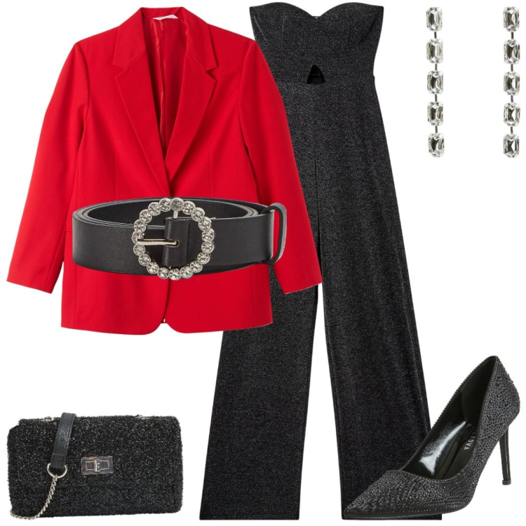 Outfit donna - La tuta glam. Stile Glamour per Serata fuori. Abbinamento con décolleté, orecchini, borse a tracolla, tute, blazer, cinture.