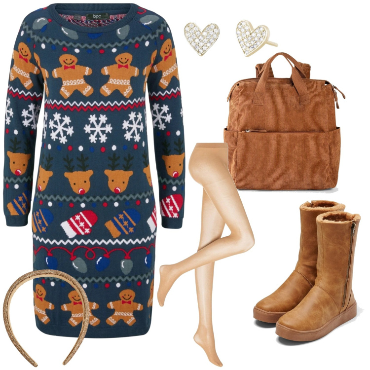 Outfit donna - Pan di zenzero. Stile Casual chic per Tutti i giorni. Abbinamento con collant, stivali, vestiti, zaini, cerchietti, orecchini.