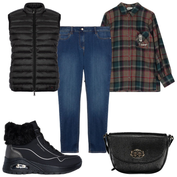 Outfit donna - Tartan di dicembre! - casual. Stile Casual per Tutti i giorni. Abbinamento con camicie, piumini, stivaletti, jeans skinny, borse a tracolla.