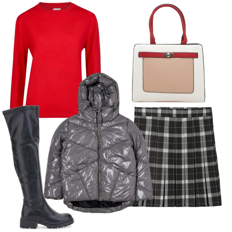 Outfit donna - Cosy Christmas Style. Stile Bon Ton per Tutti i giorni. Abbinamento con minigonne, blazer, maglieria, stivali sopra il ginocchio, borse a spalla.