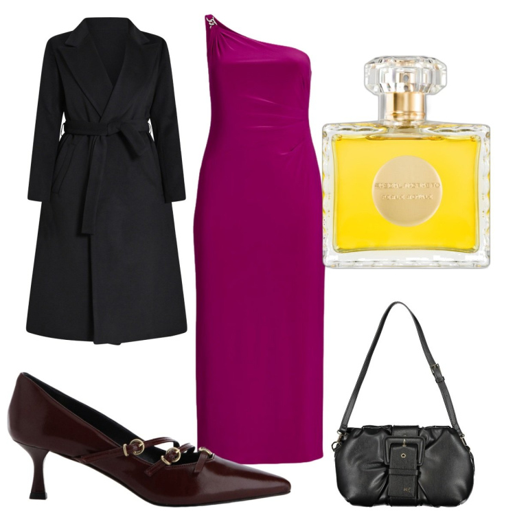 Outfit donna - Eleganza avvolgente: glamour in viola. Stile Glamour per Serata fuori. Abbinamento con profumi, cappotti, décolleté, vestiti asimmetrici, borse a mano.